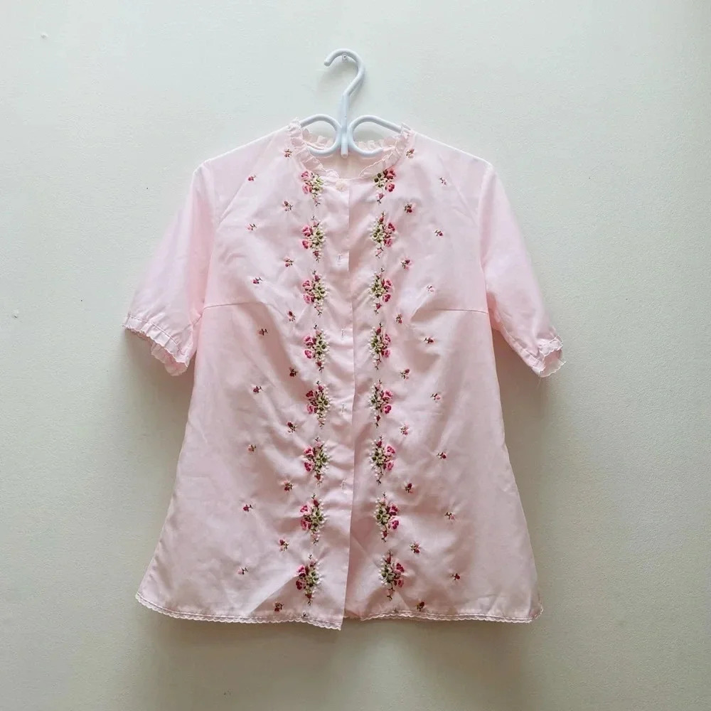 Vintage - Pink Floral Embroidered Shirt/Sleep Shirt